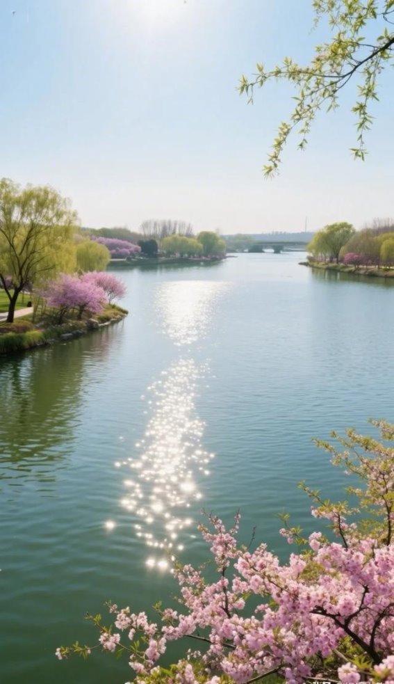 春日湖畔：樱花飞舞柳垂如画